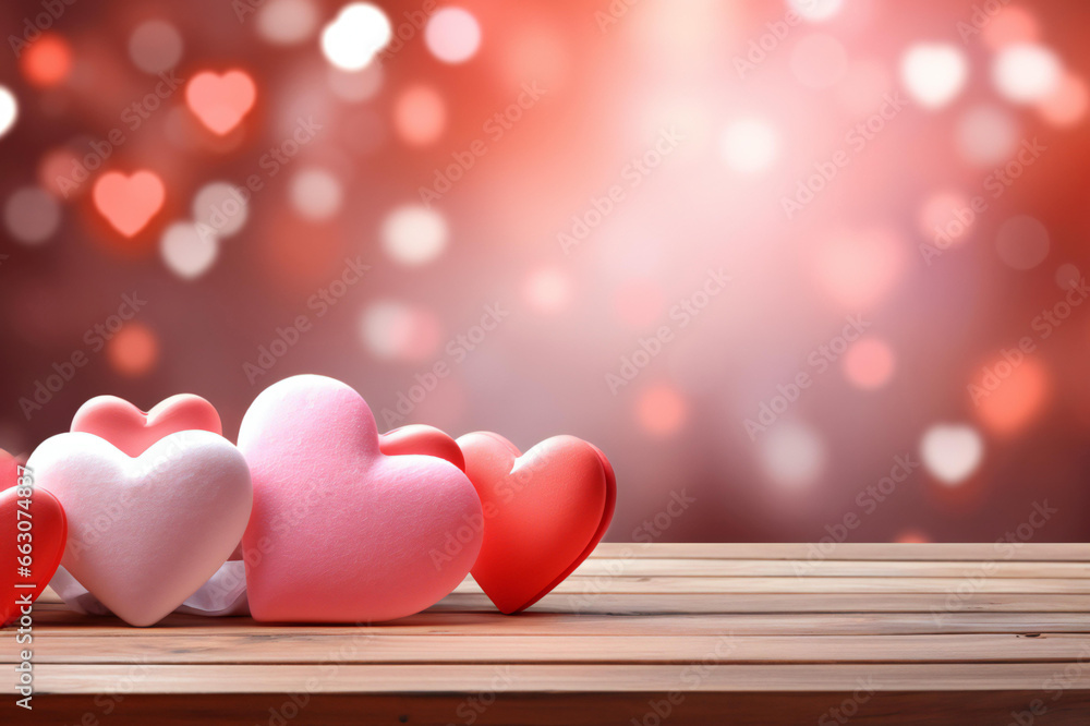 Valentine's Day themed background, with an empty pastel color wooden table for product display, abstract background with bokeh defocused lights. Valentine's Day themed background, with an empty pastel color wooden table for product display, abstract background with bokeh defocused lights.