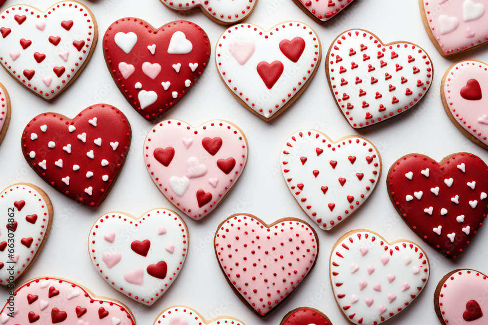 Valentine cookies, The pink hearts cookies, Valentine's Day cookies background. top view.