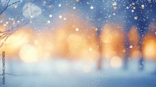 snowy background with winter trees, in the style of light gold and azure, blurred, bokeh, joyful celebration of nature, generative ai © Nia™