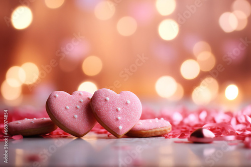 Valentine's Day cookies, The pink hearts bokeh background should feature sparkling lights, creating a dreamy and magical ambiance.