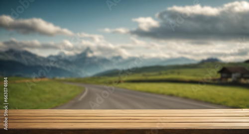 empty wooden table with blur beautiful mountain background