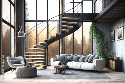 Mezzanine living area, curving glass railing, modern design, interior scene and mockup. Generative AI photo