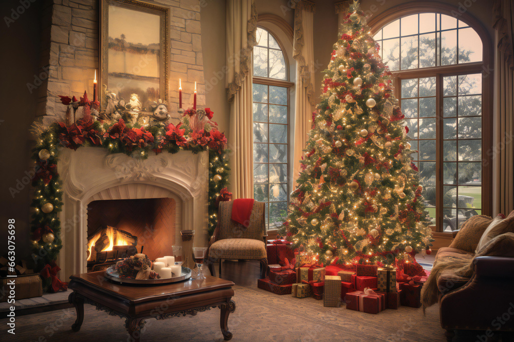 Beautifully decorated living room on the occasion of New Year and Christmas holidays. decorating trees and homes with lights and ornaments, rooms with Christmas trees and fireplace