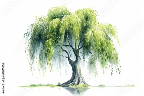 Realistic isolated willow tree illustration in light green watercolor during the summer, against a white background. Generative AI