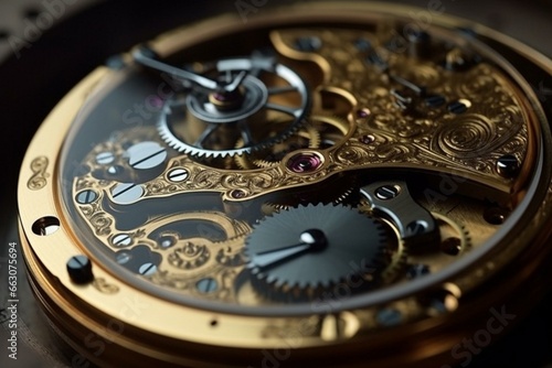 Mechanical components in timepiece. Skillful craftsmanship and meticulousness. Generative AI