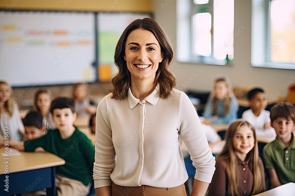 Smiling Teacher Teaching and Interacting with Student in a Class at Elementary School Looking at camera with Students on Back Smiling Teacher Teaching and Interacting with Student in a Class at Elementary School Looking at camera with Students on Back