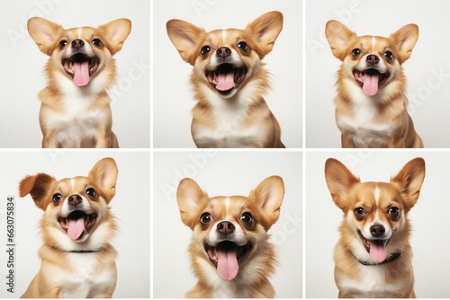 Collage set of 6 dogs portraits with different emotions. White background. funny dog face expression