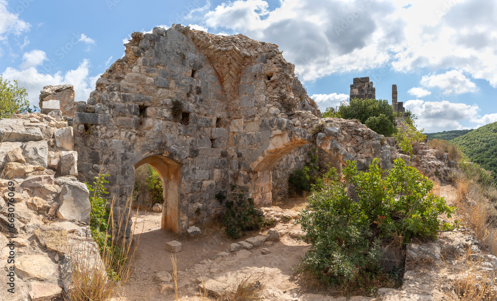 The remains  of courtyard in the ruins of the residence of the Grand Masters of the Teutonic Order in the ruins of the castle of the Crusader fortress located in the Upper Galilee in northern Israel