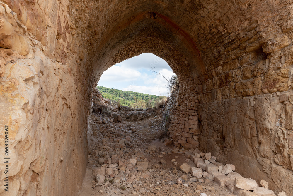 The remains  of main hall in the ruins of the residence of the Grand Masters of the Teutonic Order in the ruins of the castle of the Crusader fortress located in the Upper Galilee in northern Israel