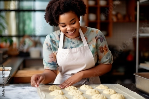 Plus size African American woman working in a bakery