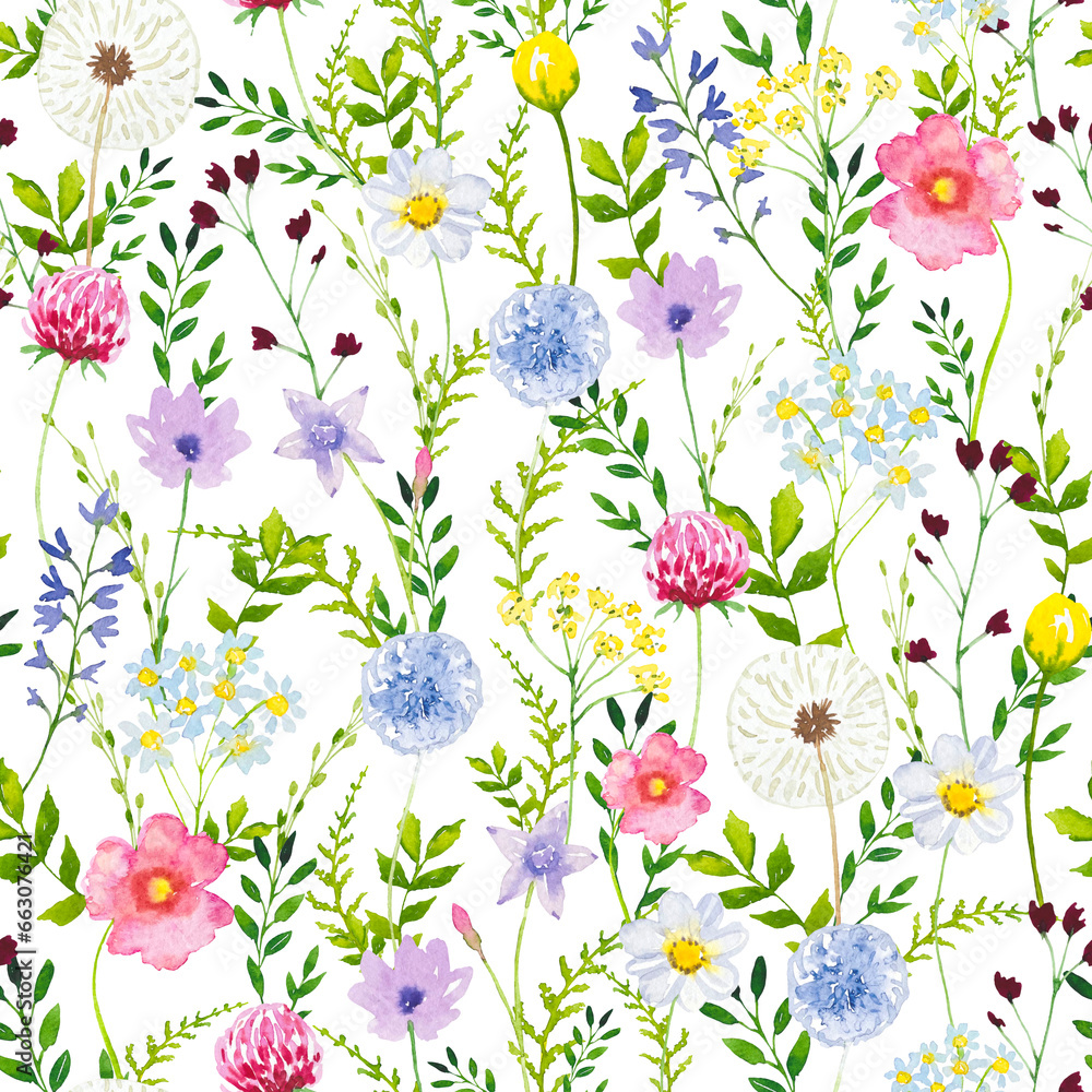 Seamless floral pattern with meadow  flowers and leaves. Watercolor
