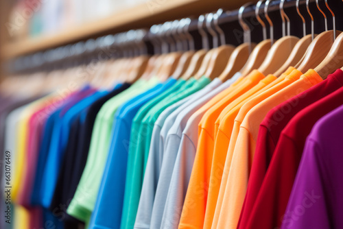 An array of casual, colorful T-shirts. We purchase and sell trending items based on consumer buying patterns. A concept for sales, stores, and marketing.