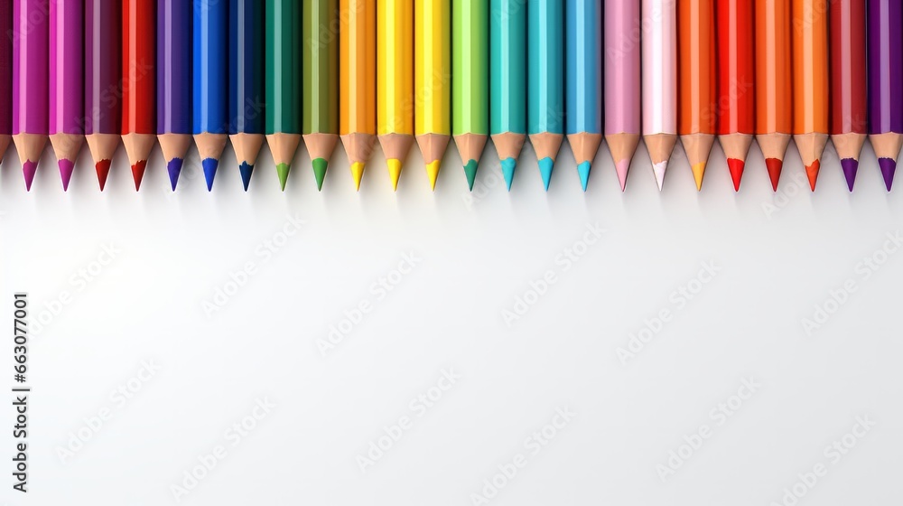 Photo of a vibrant row of coloured pencils on a clean white background created with Generative AI technology Photo of a vibrant row of coloured pencils on a clean white background created with Generative AI technology