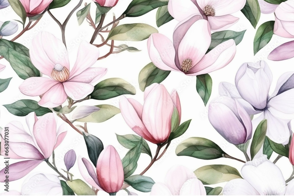 A seamless watercolor pattern of magnolia flowers blooming in spring, isolated on a white background. Generative AI
