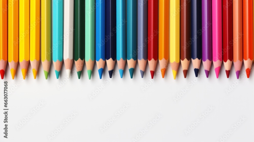 Photo of a vibrant row of coloured pencils on a clean white background created with Generative AI technology