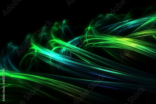 Trails of green and blue neon lights on a black background. Generative AI