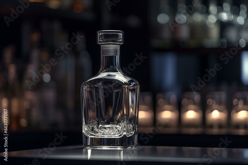 Close-up of a sophisticated bottle and glasses in a crystal clear design, with a blurred interior bar as background. Ample empty area for text. Generative AI