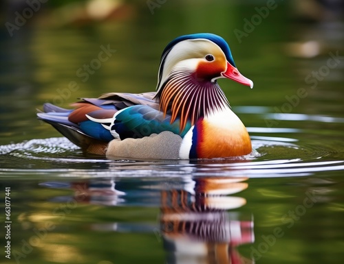 Closeup of mandarin duck swimming in lake. photo