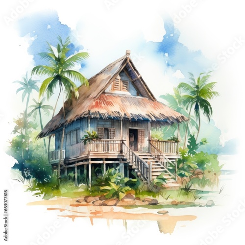 A watercolored bright serene image of a traditional bahay kubo. © AbGoni