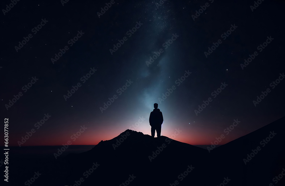 Starry Night Silhouette. Stunning Photo Realistic Image of a Person on a Hill