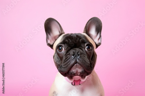 A black dog looking at camera on Pink Background. © AbGoni