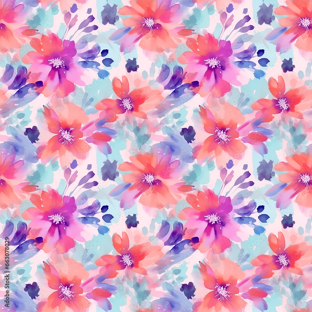 Seamless pattern of floral with pink blue and orange background, looking like unfinished watercolors, perfect for textiles and decoration, fashionable print for textiles, wallpaper and packaging Seamless pattern of floral with pink blue and orange background, looking like unfinished watercolors, perfect for textiles and decoration, fashionable print for textiles, wallpaper and packaging