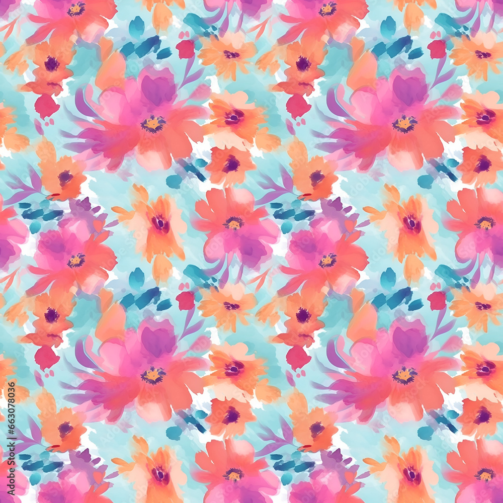 Seamless pattern of floral with pink blue and orange background, looking like unfinished watercolors, perfect for textiles and decoration, fashionable print for textiles, wallpaper and packaging