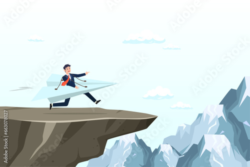 Businessman running with paper origami airplane for first launch, try new idea start new business, startup risk, entrepreneur or creativity, failure, innovation and courage to win business (Vector)