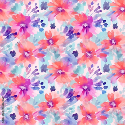 Seamless pattern of floral with pink blue and orange background, looking like unfinished watercolors, perfect for textiles and decoration, fashionable print for textiles, wallpaper and packaging