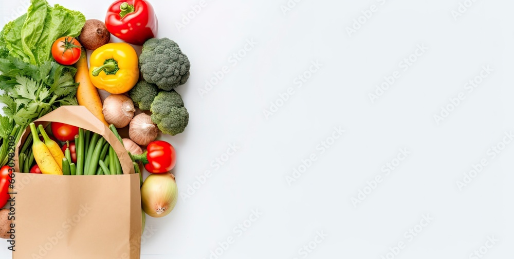 Healthy food in paper bag vegetables and fruits on white background. - obrazy, fototapety, plakaty 