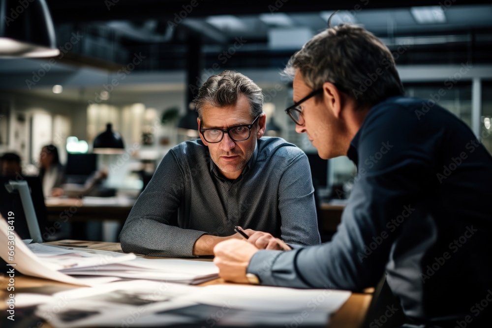 Fototapeta premium Business colleague people discussing blueprint at a table