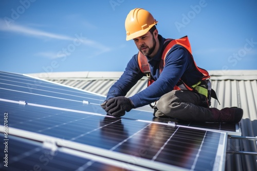 A worker installing solar panel on a roof