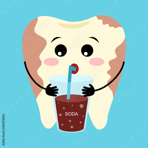 Funny cute tooth with a glass of soda and with decay or caries in flat design.