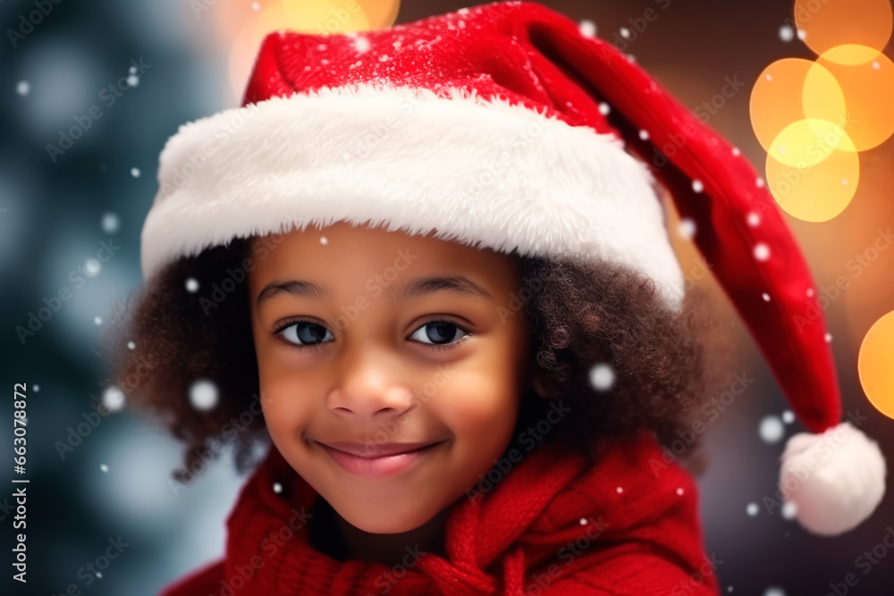Portrait of a cheerful child in a red Santa hat. Christmas photo. Portrait of a cheerful child in a red Santa hat. Christmas photo.
