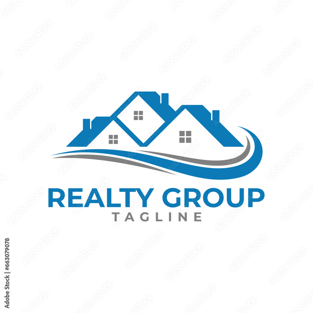 Blue House Roofing Logo Wave Design. Home, Roof, Realty Group, Rent, Design Vector illustration. Real Estate. Business. Company. Contractor. Modern Minimalist Luxury.