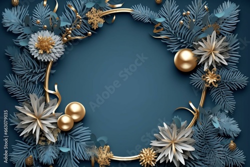 3D blue banner with festive frame, gold ornaments, spruce twigs. Winter holiday greeting card template. Generative AI
