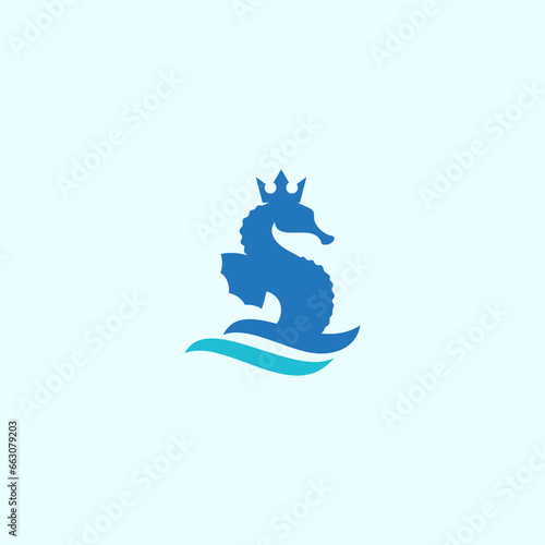 king seahorse logo design. Vector illustration of blue seahorse, crown and wave. modern logo design vector icon template