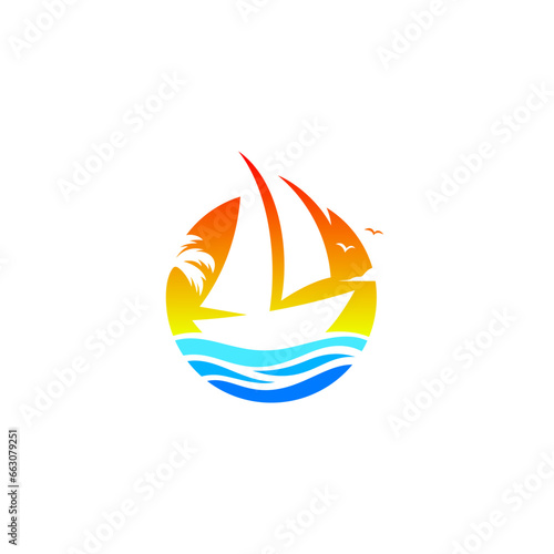 sailing yacht logo design. Vector illustration of sailing yacht, boat, wave and sunset. modern logo design vector icon template