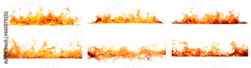 Set of fire flames elements design isolated on white and transparent background