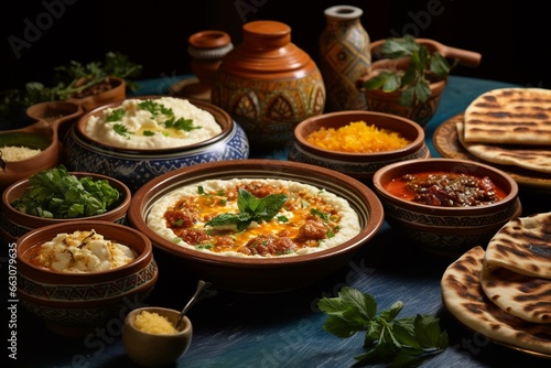 A dinner featuring cuisine from the Arab and Middle Eastern regions. Generative AI