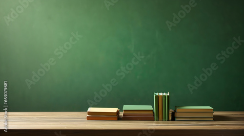 Empty wooden table with pile of books and green wall background