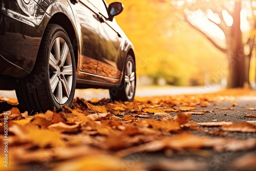 Car on asphalt road on an autumn day at the park. © AbGoni