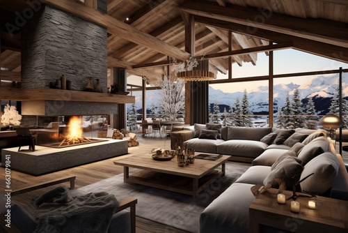 Design a cozy and inviting ski lodge interior for a winter getaway © Muhammad