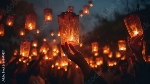 burning fire in the fireplace, Glowing lanterns rising during a traditional ceremony against the twilight sky, Ai Generate 