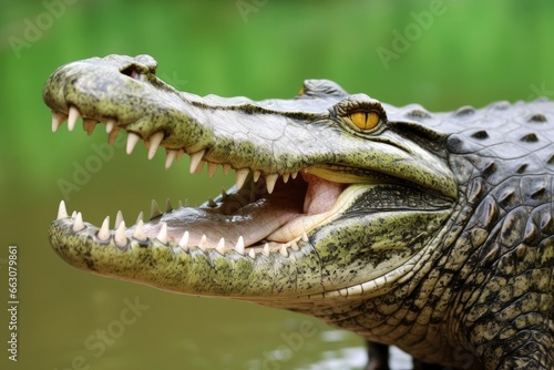 Crocodile with its mouth wide open with a green lake in the green background.