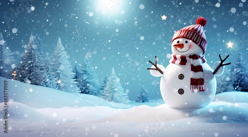 Happy snowman in the winter scenery. © AbGoni