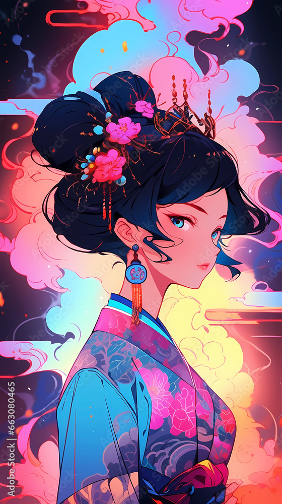 Fototapeta premium Hand-drawn cartoon animation of beautiful Chinese costume girl illustration