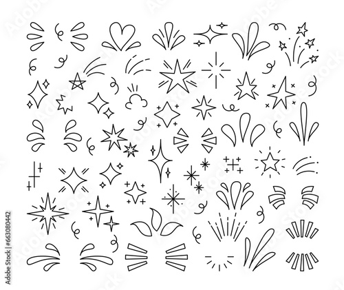 Embellishment for Lettering Editable Stroke. Cute Line Art Doodle Decoration. Sketch Outline Design Elements, Stars, Swirls and Flourishes.
