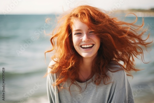 Happy redhead woman with tousled hair by lake photo