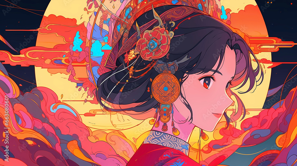Naklejka premium Hand-drawn cartoon animation of beautiful Chinese costume girl illustration 